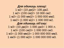 Для одиниць площі: 1 м2= (10 дм)2= 100 дм2. 1 м2= (100 см)2= 10 000 см2. 1 м2...