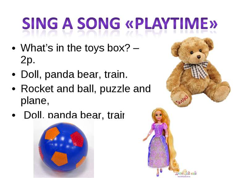 What’s in the toys box? – 2p. Doll, panda bear, train. Rocket and ball, puzzl...