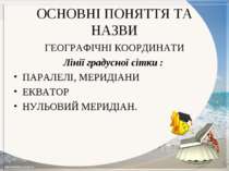 ОСНОВНІ ПОНЯТТЯ ТА НАЗВИ ГЕОГРАФІЧНІ КООРДИНАТИ Лінії градусної сітки : ПАРАЛ...