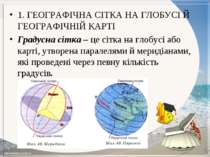 1. ГЕОГРАФІЧНА СІТКА НА ГЛОБУСІ Й ГЕОГРАФІЧНІЙ КАРТІ Градусна сітка – це сітк...