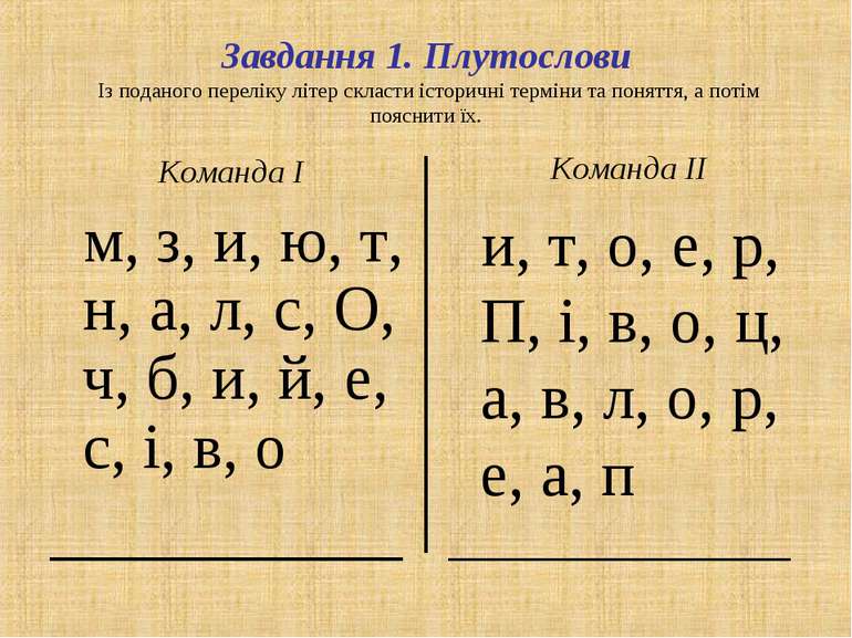 Завдання 1. Плутослови Із поданого переліку літер скласти історичні терміни т...