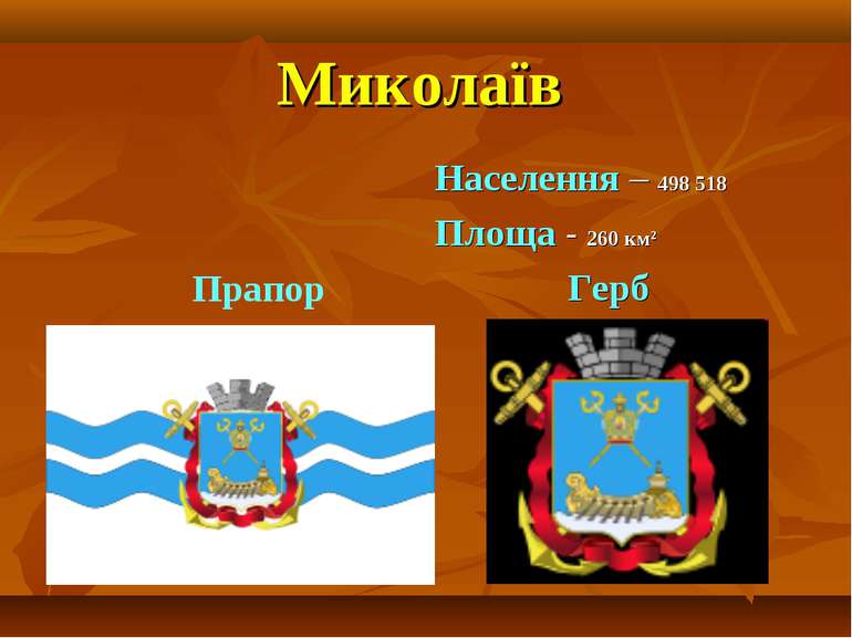 Миколаїв Населення – 498 518 Площа - 260 км² Герб Прапор