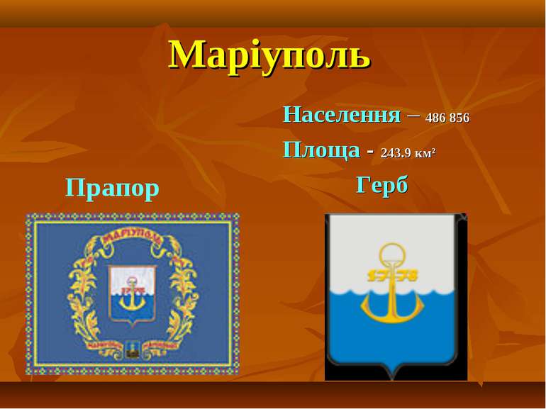 Маріуполь Населення – 486 856 Площа - 243.9 км² Герб Прапор