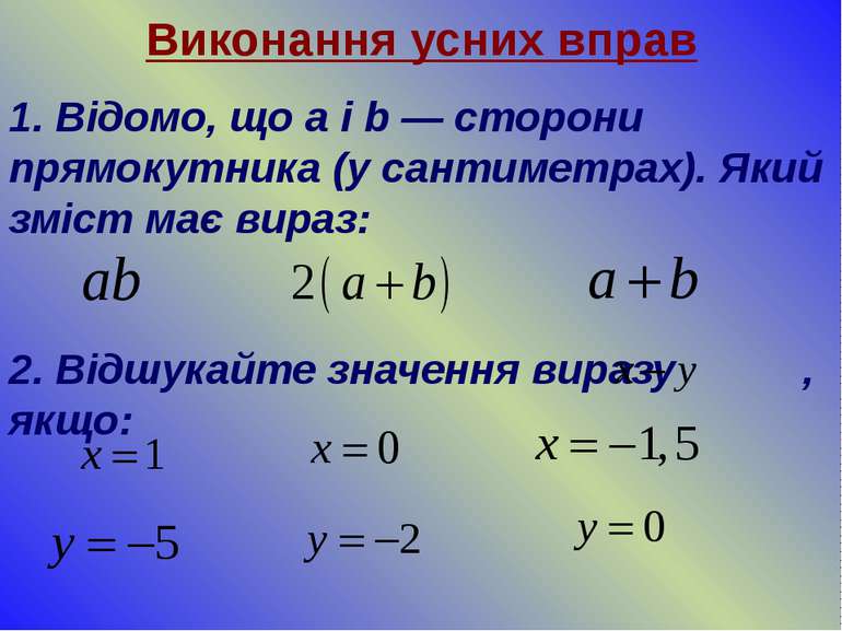 Виконання усних вправ 1. Відомо, що a i b — сторони прямокутника (у сантиметр...