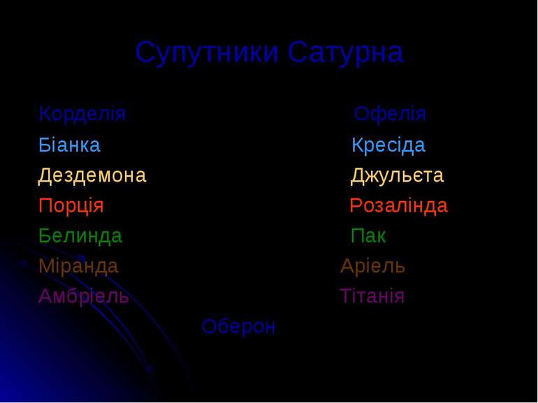 Супутники Сатурна Корделія Офелія Біанка Кресіда Дездемона Джульєта Порція Ро...