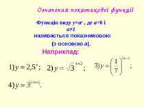 Означення показникової функції Наприклад: Функція виду y=ax , де a>0 і a≠1 на...