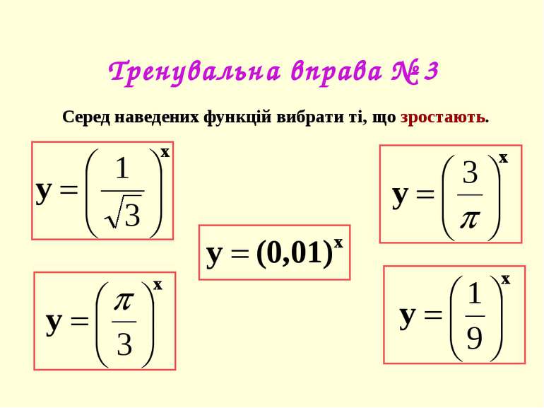 Тренувальна вправа № 3 Серед наведених функцій вибрати ті, що зростають.