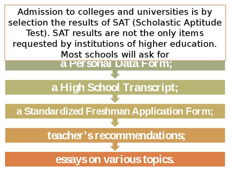 Admission to colleges and universities is by selection the results of SAT (Sc...