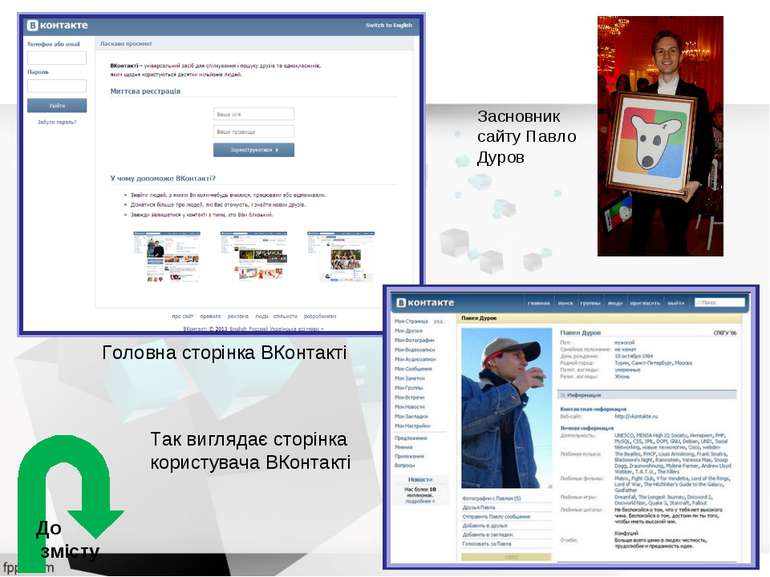 Головна сторінка ВКонтакті Засновник сайту Павло Дуров Так виглядає сторінка ...