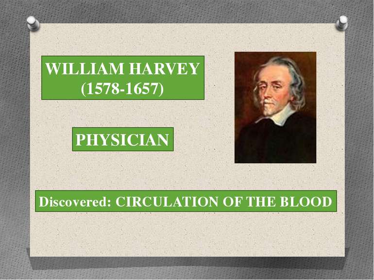 WILLIAM HARVEY (1578-1657) PHYSICIAN Discovered: CIRCULATION OF THE BLOOD