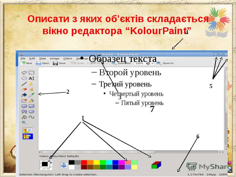 Описати з яких об'єктів складається вікно редактора “KolourPaint” 1 2 3 4 5 6 7