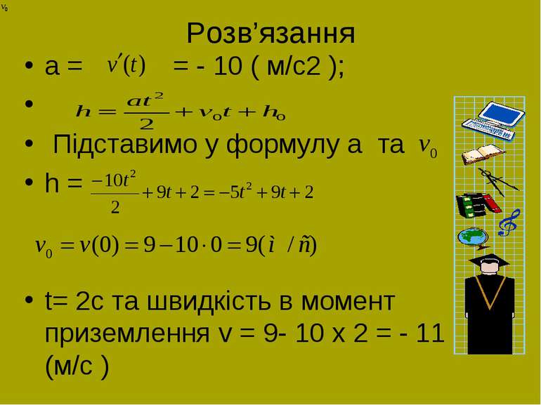 Розв’язання a = = - 10 ( м/с2 ); Підставимо у формулу a та h = t= 2с та швидк...