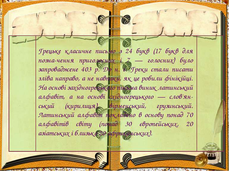 Грецьке класичне письмо з 24 букв (17 букв для позна чення приголосних і 7 — ...