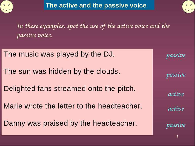 * In these examples, spot the use of the active voice and the passive voice. ...