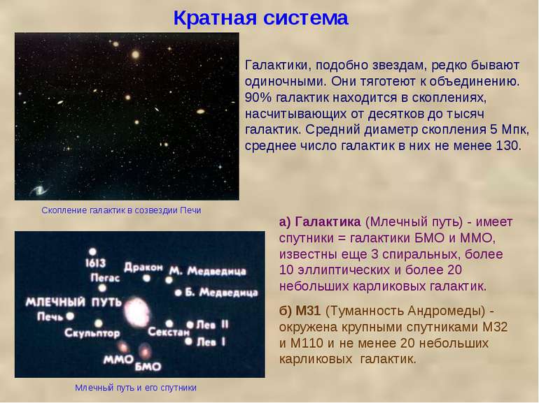 Кратная система а) Галактика (Млечный путь) - имеет спутники = галактики БМО ...