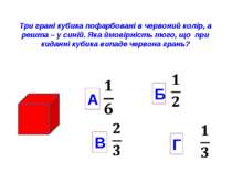 Три грані кубика пофарбовані в червоний колір, а решта – у синій. Яка ймовірн...