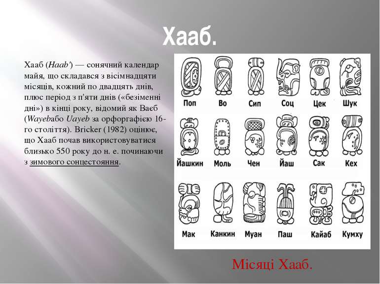 Хааб. Хааб (Haab') — сонячний календар майя, що складався з вісімнадцяти міся...