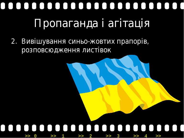 Пропаганда і агітація Вивішування синьо-жовтих прапорів, розповсюдження листі...