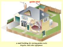 garden shed a small building for storing garden tools, bicycles, and other eq...