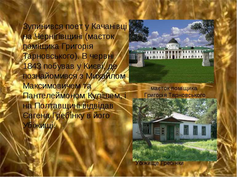 Зупинився поет у Качанівці на Чернігівщині (маєток поміщика Григорія Тарновсь...