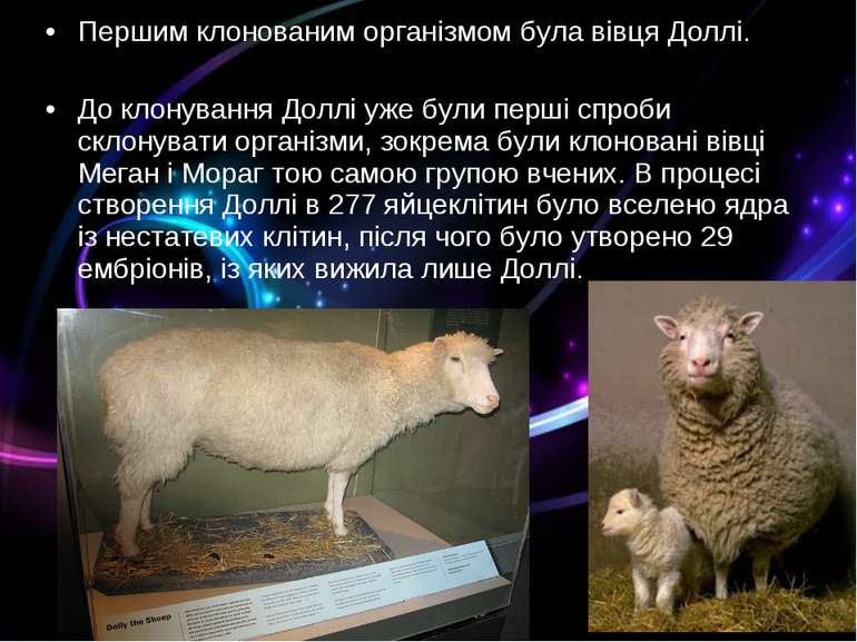 Першим клонованим організмом була вівця Доллі. До клонування Доллі уже були п...