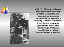 У 1917-1920 роках Євген Маланюк бере активну участь у визвольних змаганнях, в...