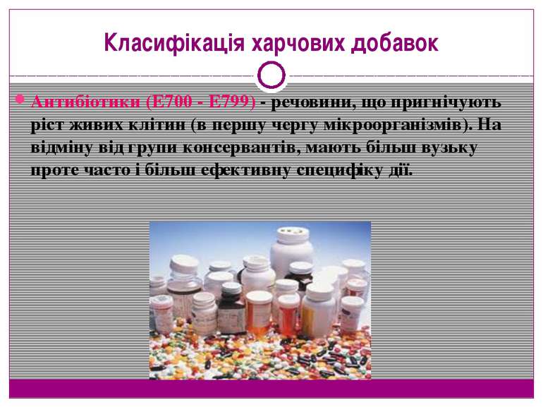 Класифікація харчових добавок Антибіотики (Е700 - Е799) - речовини, що пригні...