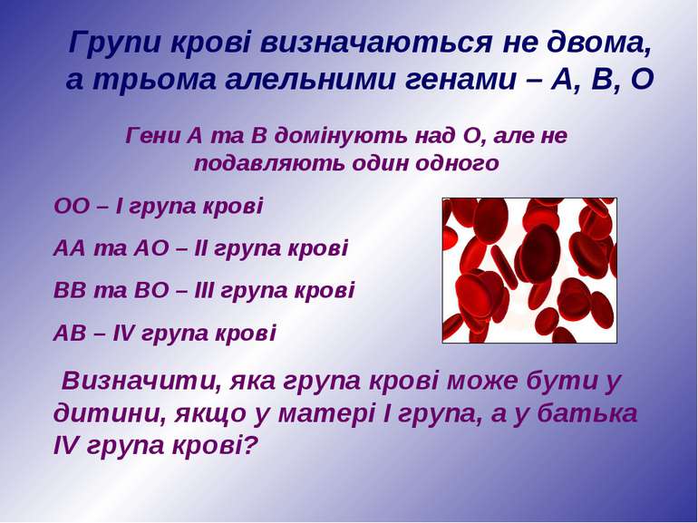 Гени А та В домінують над О, але не подавляють один одного ОО – I група крові...