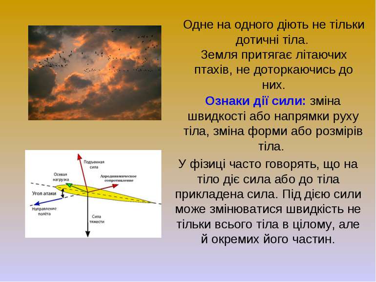 Одне на одного діють не тільки дотичні тіла. Земля притягає літаючих птахів, ...