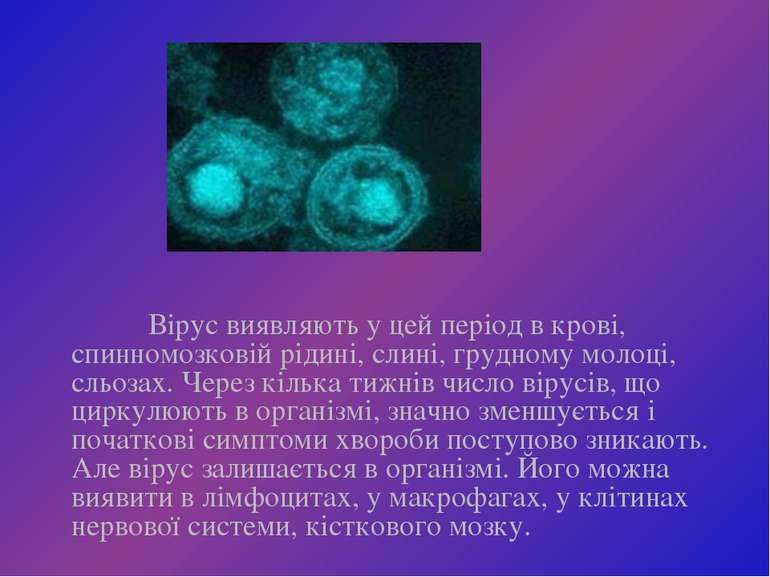 Вірус виявляють у цей період в крові, спинномозковій рідині, слині, грудному ...