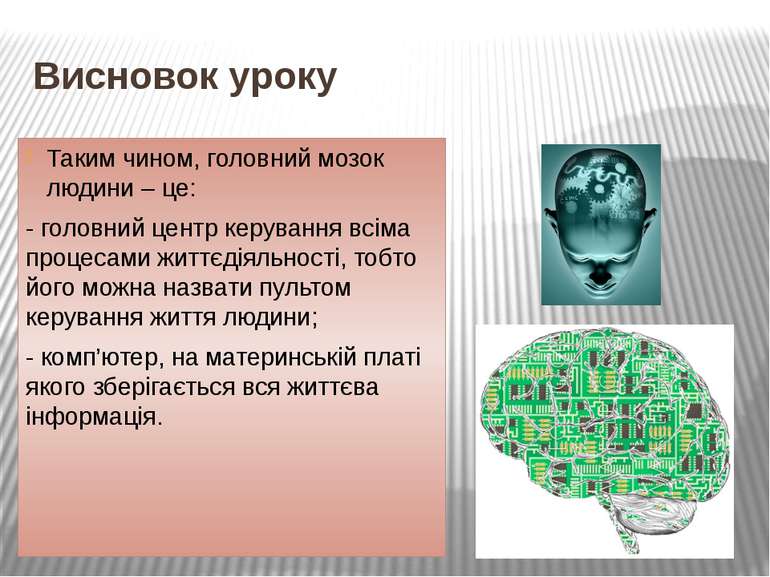 Висновок уроку Таким чином, головний мозок людини – це: - головний центр керу...