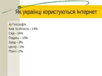 Як українці користуються Інтернет Географія: Київ та область – 44% Схід – 24%...