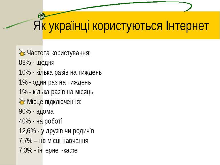 Як українці користуються Інтернет Частота користування: 88% - щодня 10% - кіл...