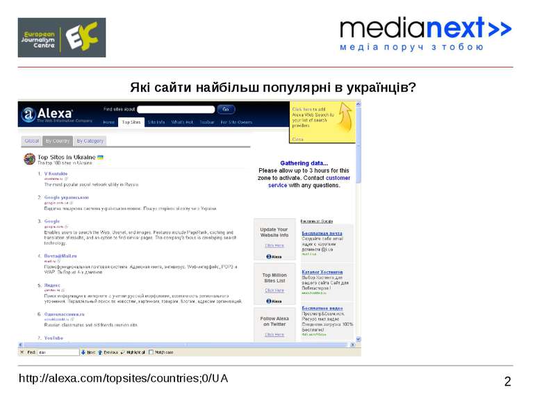 2 Які сайти найбільш популярні в українців? http://alexa.com/topsites/countri...
