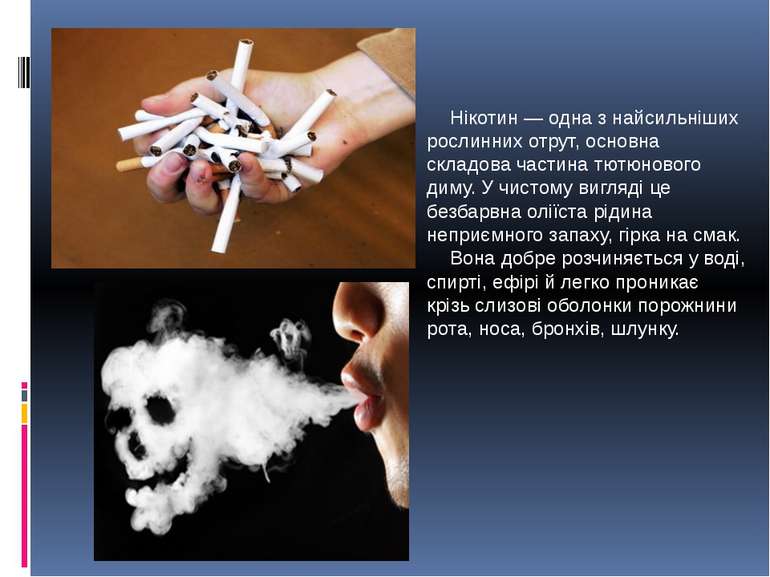 Нікотин — одна з найсильніших рослинних отрут, основна складова частина тютюн...