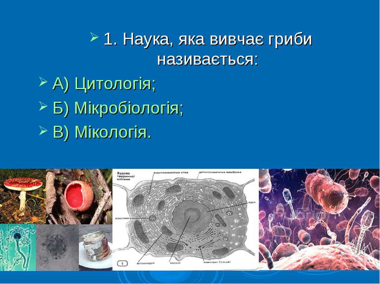 1. Наука, яка вивчає гриби називається: А) Цитологія; Б) Мікробіологія; В) Мі...