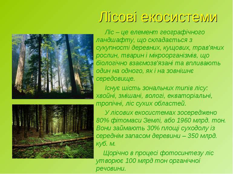 Лісові екосистеми Ліс – це елемент географічного ландшафту, що складається з ...