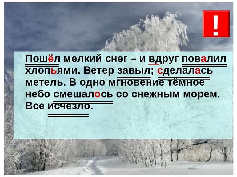 Пошёл мелкий снег – и вдруг повалил хлопьями. Ветер завыл; сделалась метель. ...