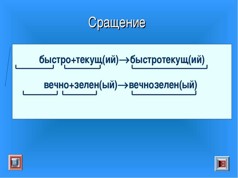 Сращение быстро+текущ(ий) быстротекущ(ий) вечно+зелен(ый) вечнозелен(ый)