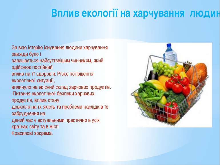 Вплив екології на харчування людини За всю історію існування людини харчуванн...