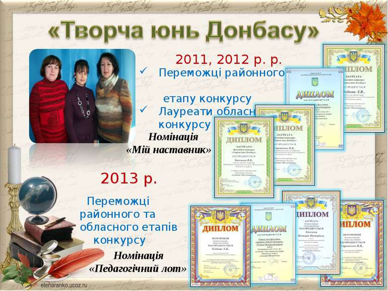 2011, 2012 р. р. 2013 р. Номінація «Педагогічний лот» Переможці районного ета...