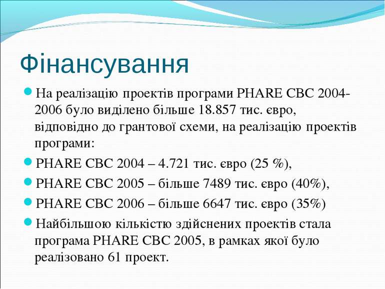 Фінансування На реалізацію проектів програми PHARE CBC 2004-2006 було виділен...