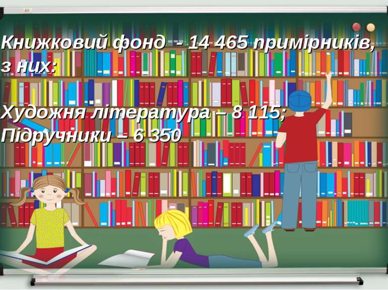 Книжковий фонд - 14 465 примірників, з них: Художня література – 8 115; Підру...