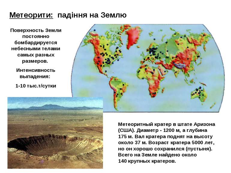 Метеорити: падіння на Землю Метеоритный кратер в штате Аризона (США). Диаметр...