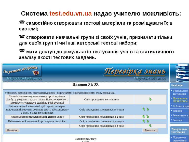 Система test.edu.vn.ua надає учителю можливість: самостійно створювати тестов...