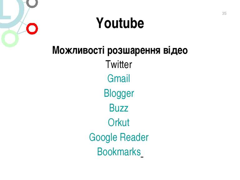 Youtube Можливості розшарення відео Twitter Gmail Blogger Buzz Orkut Google R...