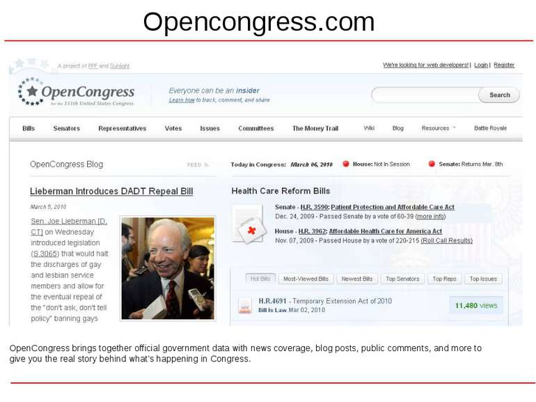 Opencongress.com OpenCongress brings together official government data with n...