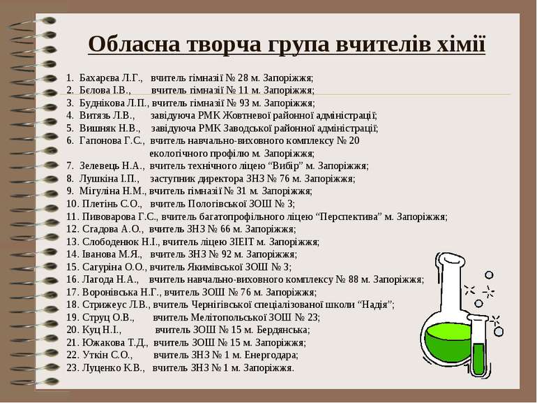 Обласна творча група вчителів хімії 1. Бахарєва Л.Г., вчитель гімназії № 28 м...