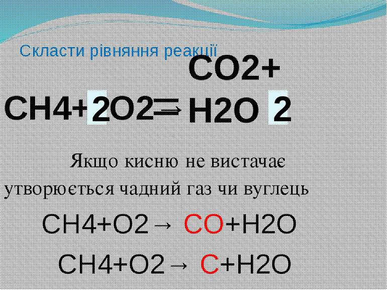 Скласти рівняння реакції СН4+ O2→ Якщо кисню не вистачає утворюється чадний г...