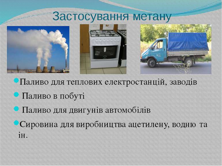 Застосування метану Паливо для теплових електростанцій, заводів Паливо в побу...